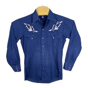 Vintage Western Cowboy Shirt Blue Embroidered Pearl Snap Shirt Long Sleeve Small